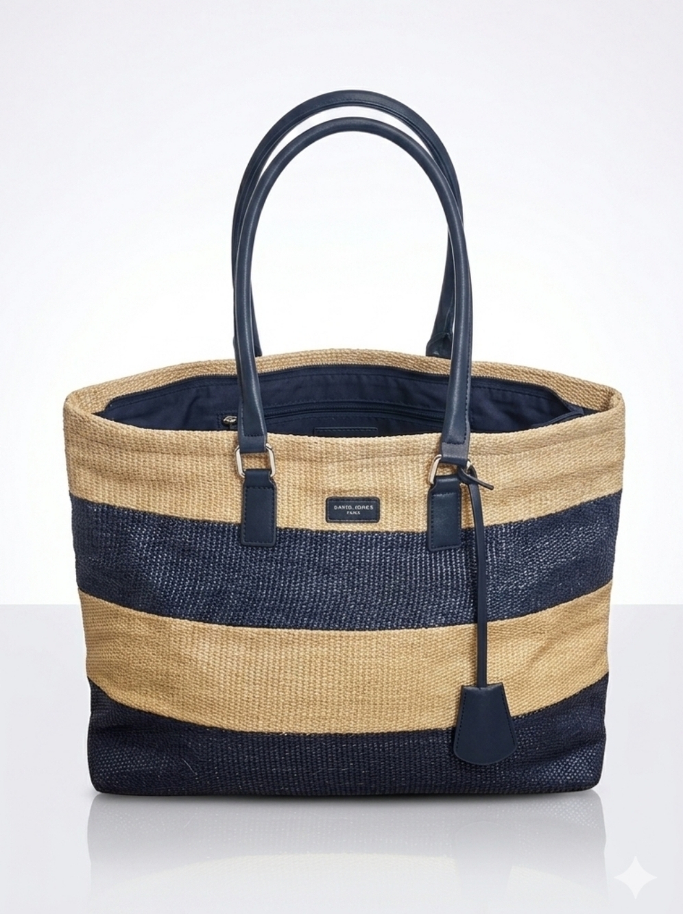 [David Jones PARIS]Navy & White Striped Woven Textured Large Beach Tote
